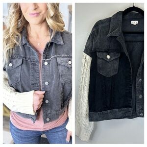 POL M Gray Ribbed Knit Corduroy Collar Jacket Boho Rustic Sweater Sleeves Denim